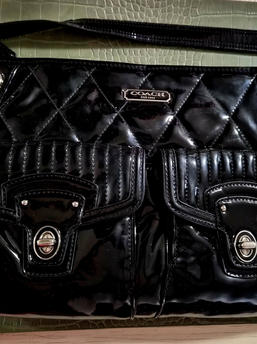 Coach Glossy Quilted Black Vegan Patent Shoulder Bag